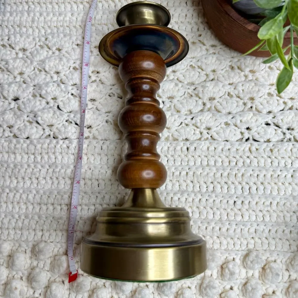 Vintage Mid Century Brass and Wood Candlestick Holders Set of Two Heavy